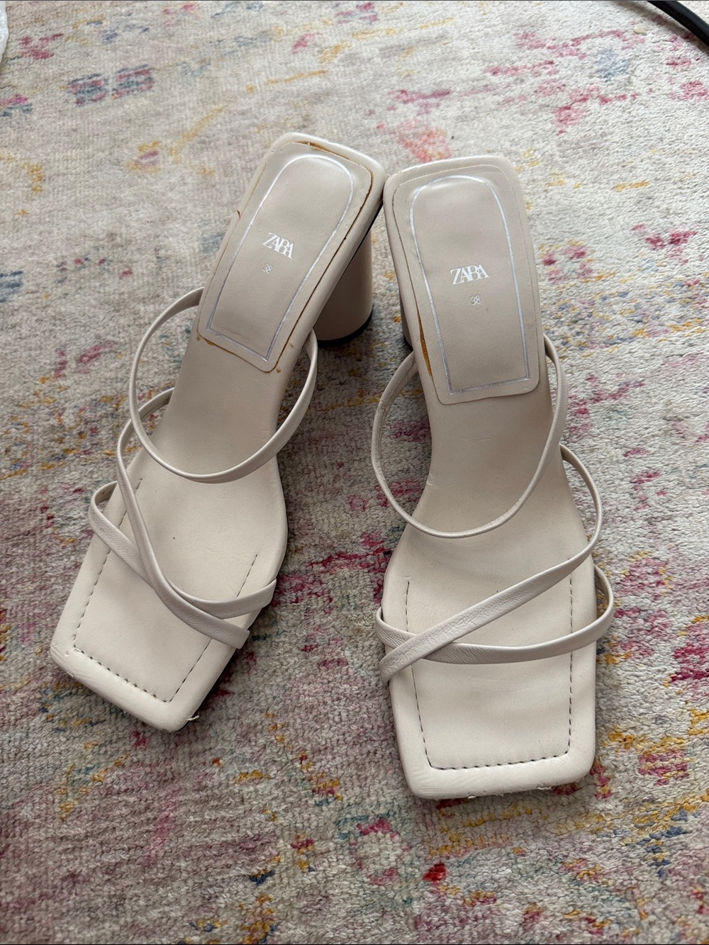 ZARA Ivory Square-Toe Strappy Block Heel Sandals